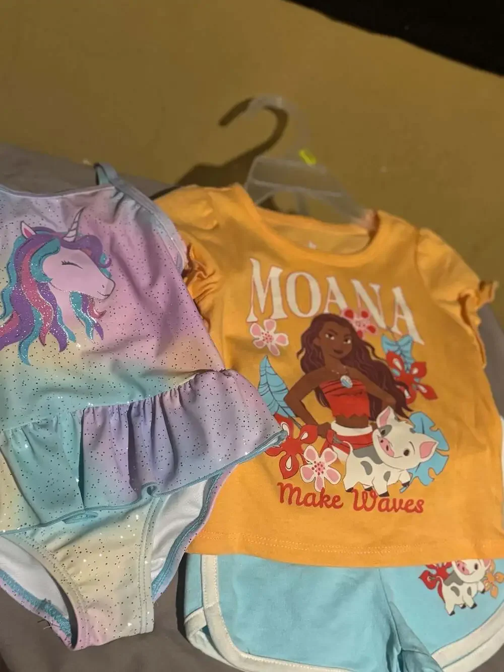 Disney Moana T-Shirt and Shorts Set & Unicorn One-Piece Swimsuit Lot